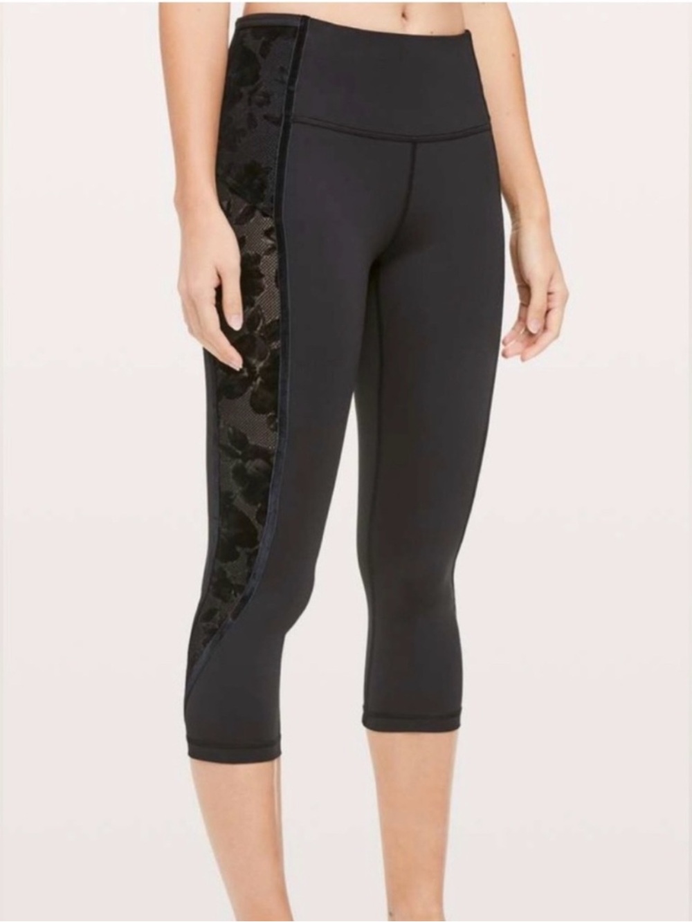 lululemon athletica Black Cropped Capri Leggings with Side Mesh Panel
